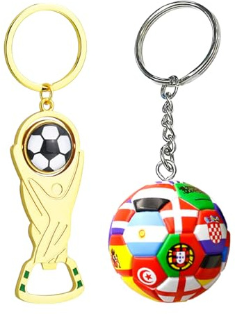 Lot de 2 porte-clés ballon de football aux couleurs du drapeau national, pendentif ballon de football, décapsuleur, porte-clés Coupe du Monde, breloque pour sac à dos homme, cadeau souvenir