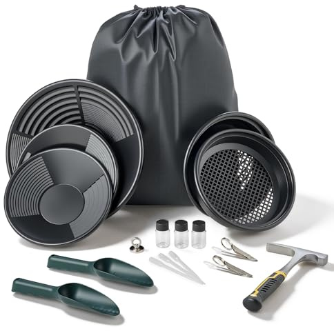 VEVOR Kit per Ricerca Oro, Vaschette da 254mm e 355mm, Kit Portatile per Prospezione 19 Pz con Setacci Classificatori, Magnete per Sabbia Piccone per Rocce Palette Zaino Accessori, per Estrazione Oro
