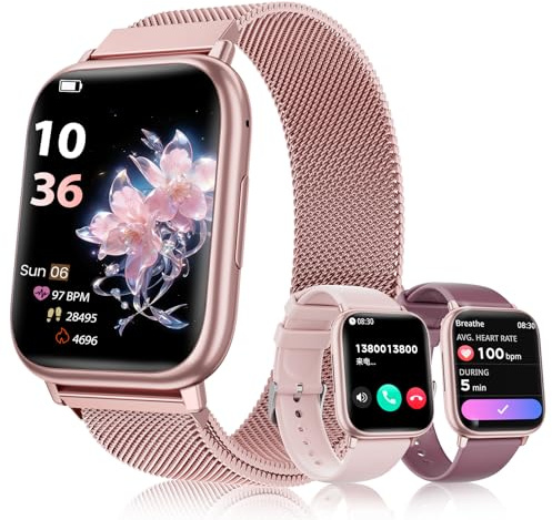 SLOKSFil Smartwatch Donna con Chiamate Bluetooth, 1.83 Fitness Orologio Smartwatch 3 Cinturini Frequenza Cardiaca SpO2 Pressione Sanguigna IP68 Impermeabile Sonno 120+ Modalità Sportive (Rosa)