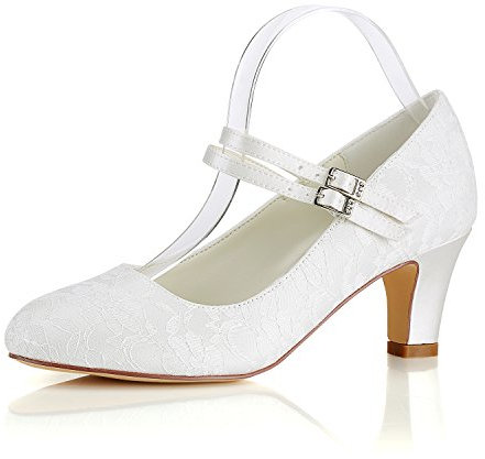 Emily Bridal 1505-10 Women's Wedding Shoes Closed Toe 2.56 Inches Chunky Heel Lace Satin Pumps with Buckle Bridal Shoes (EU38/UK5, Ivory)