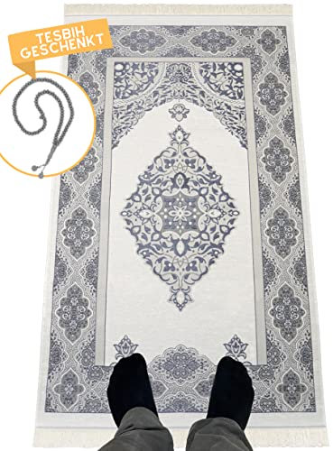 Imanpaper® Gebetsteppich Islam mit Tesbih blau I Extra dünn to go für Muslime I Platzsparend Geschenk für konvertierte Geschwister 1,20 x 0,70m | Seccade Salah Sejadah Islamic Prayer Rug