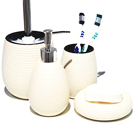 BM 4005 Set di Accessori da Bagno in Ceramica Superficie Strutturato Pois Bianco Latte, Set Accessori Bagno Completo 4 Pezzi, Dispenser, Portaspazzolino, Portasaponetta, Portascopino