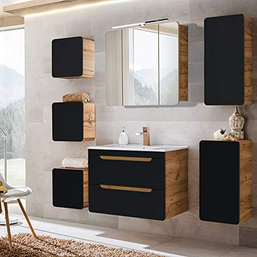 Lomadox Badmöbel Komplett Set, seidenmatt anthrazit mit Wotan Eiche Nb., 81 cm Waschtischunterschrank & Keramik-Waschtisch & LED-Spiegelschrank