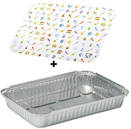 TELEVASO - 100 uds - Envase/recipiente de aluminio rectangular + tapa de cartón - Capacidad 2400 ml y tamaño 280x223x38 mm - Bandejas desechables y reciclables, apto para altas temperaturas
