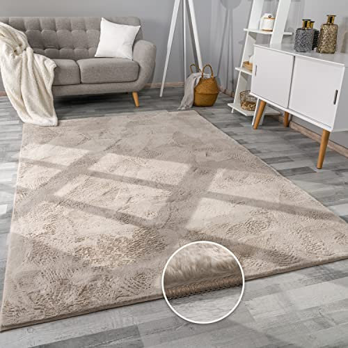 Paco Home Hochflor Teppich Wohnzimmer Flauschig Fellteppich Kunstfell Plüsch Shaggy Weich Fellimitat, Grösse: 120x160 cm, Farbe: Beige