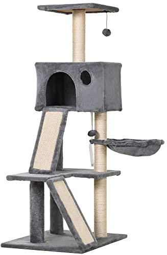 PawHut Albero Tiragraffi Accessoriato con Cuccia Lettino Sospeso e 2 Pedane in Peluche Grigio