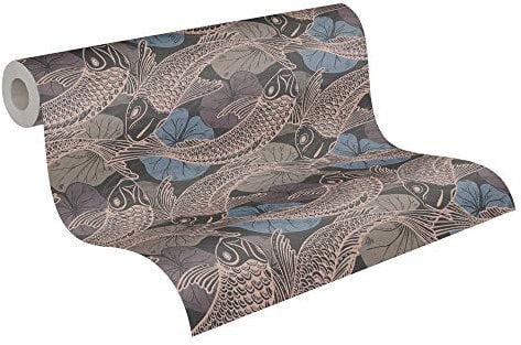Livingwalls Vliestapete Metropolitan Stories asiatische Tapete mit Kois Mio Tokio 10,05 m x 0,53 m blau metallic schwarz 378594 37859-4