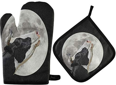Mnsruu Lustiges Kuh-Mond-Nacht-Ofenhandschuh und Topflappen, hitzebeständig, Küchenhandschuh zum Kochen, Backen, Grillen, Grillen