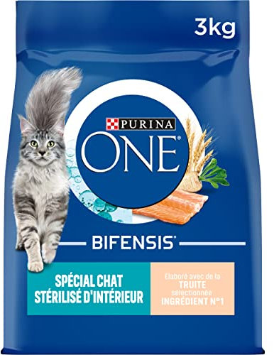 PURINA ONE | BIFENSIS | Spécial Chat Stérilisé d'Intérieur | Croquettes | Aide à contrôler le poids, maintenir un système urinaire sain, élimine les poils de l'estomac | Truite | Sac | Lot de 4 x 3Kg
