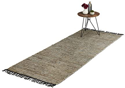 Relaxdays Flickenteppich, 80 x 200 cm, Baumwolle & Leder, Teppichläufer mit Fransen, rutschfest, Fleckerlteppich, grau, 10039894_586
