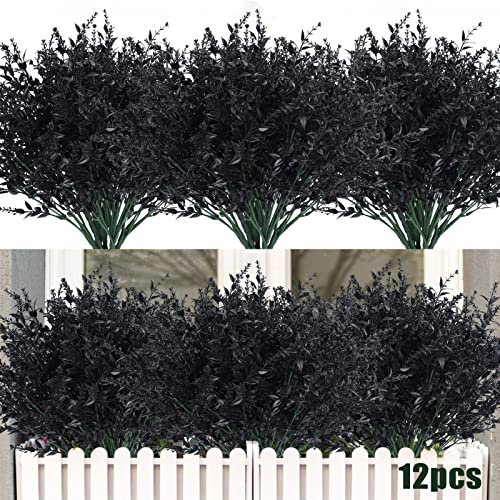 RECUTMS 12Pcs Black Artificial Flowers Outdoor UV Resistant Fake Plants | Blak Fake Greenery Faux Plastic Flower Artificial Shrubs in Bulk for Hanging Planters Outside Porch Vase Halloween Decoration