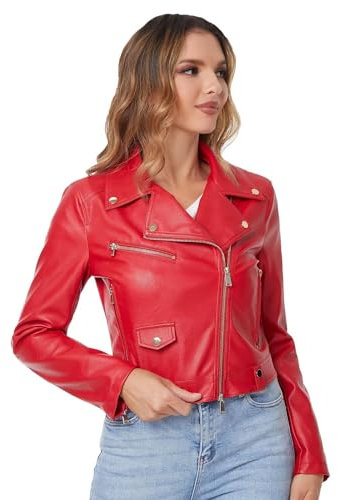 DIASHINY Chaqueta de cuero de imitación recortada roja para mujer PU Slim Zip Up Moto Biker Coat Motocicleta Crop Short Jacket 013 L