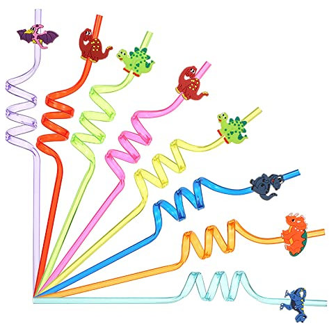 Cannucce Plastica,8 Pcs Cannucce di Dinosauro Riutilizzabili Cannucce a Spirale Feste Cannucce Cartoni Animati per Feste di Compleanno Forniture