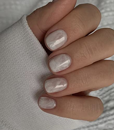 Sethexy Court Carré Faux ongles Smokey Marbre Blanc Glossy Faux Ongles Autocollants 24Pcs Acrylique Ongles à coller pour femmes et filles