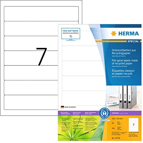 HERMA 10739 Recycling Ordnerrücken Etiketten kurz schmal, 80 Blatt, 192 x 38 mm, 7 pro A4 Bogen, 560 Stück, selbstklebend, bedruckbar, blickdicht, Ordneretiketten Rückenschilder Aufkleber, natur-weiß