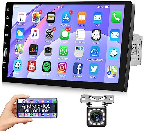 Radio de Coche 1 DIN con Bluetooth Manos Libres iOS/Android Enlace Espejo 9 Pulgadas Pantalla Táctil Radio Coche con Bluetooth FM/USB/AUX/EQ Micrófono Control del Volante + Cámara de Visión Trasera