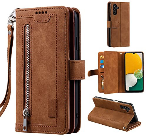 EYZUTAK Schutzhülle für Samsung Galaxy A14 5G, Retro-Stil, matt, 9 Kartenfächer, Reißverschlussfach, PU-Leder, Magnetverschluss, Ständer mit Handschlaufe, Folio-Klapphülle – Braun