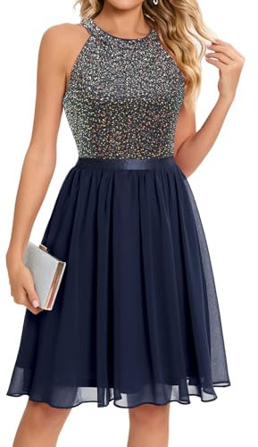 Bbonlinedress Glitzer Kleid Damen elegant Neckholder Pailletten Cocktailkleid festliches Brautkleid Party Abendkleider für Hochzeit Winterkleid Navy XL