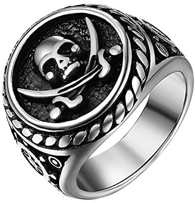 JewelryWe Schmuck Herren-Ring Retro Pirate Seeräuber Ring Siegelring mit Totenkopf Schädel und gekreuzten Schwerter Edelstahl Biker Schädelring für Halloween Gravur, Schwarz Silber Größ4 67