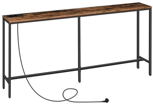 MAHANCRIS Tavolino Console da Ingresso, Tavolino da Divano Lungo 180 cm, Tavolino in Stile Industriale con Prese USB, per Ingresso, Corridoio, Entrata, Soggiorno, Marrone Vintage e Nero ACTHR18UE01