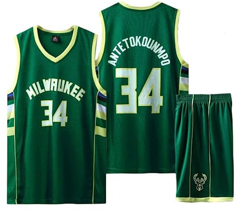 CLZWFZ 34#Basketball Trikot Kit Kinder Fans Trikot Jungen Sportbekleidung Ärmellose Basketballweste Tops und Shorts Sport Set Sommer Trainingsanzug Geschenke für Jungen Grils,Grün,XS