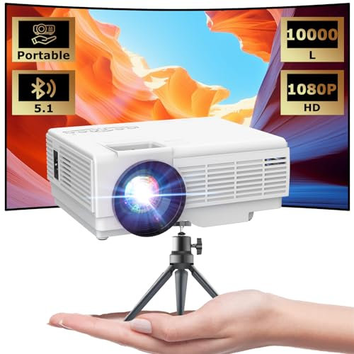 Mini Projecteur avec Bluetooth et Trépied, YOOYAA Videoprojecteur Portable 1080P Full HD, 10000L Mini Retroprojecteur Portatif LED pour Home Cinéma, Compatible avec Smartphone HDMI USB TV Stick
