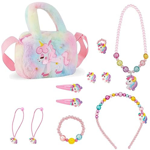Einhorn Handtasche Geschenk, Einhörnern Kinderschmuck Halskette, Armband, Ring, Haarspange, kleines Mädchen Rollenspiel Geburtstagsgeschenk Party(13-Teiliges Set)