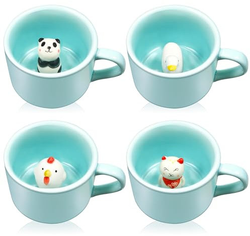 Uiifan 4 Pieces 3D Mug Animal Mug 3D Coffee Mug Hidden 3D Cartoon Ceramics Figurine Tea Cup 3D Mug Animal Inside Cup Cute Mug for Coffee Gift Friend Women Men (Cute)