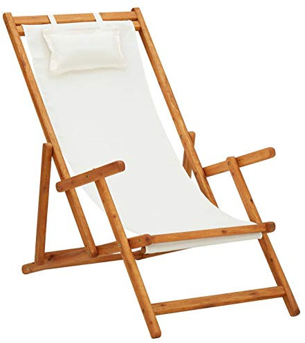 Homgoday Klappbarer Liegestuhl aus Eukalyptus-Massivholz und cremefarbenem Stoff, Stühle für den Außenbereich, Esszimmerstühle für Garten, Gartenmöbel, Terrassenmöbel