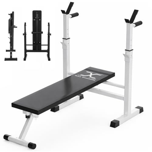 MaxStrength 4-in-1 verstellbare Hantelbank mit Dip-Station, verstellbar, zusammenklappbar, strapazierfähig, multifunktionales Gewichtheben, flache Neigung und Neigung, für Heimgymnastik (weiß)