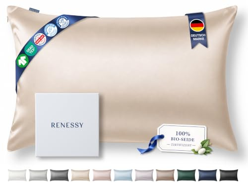 RENESSY Kissenbezug aus 100% Bio-Seide 50x90 cm - 22 Momme Maulbeerseide, Güteklasse 6A, Oeko-Tex zert. in Deutschland - Luxus für Haar und Haut, 1 Stück (Champagner)