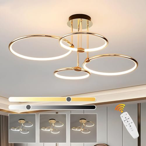 WayLuoung 4 Ring Gold Led Deckenleuchte, Ø75cm | 85W Kronleuchter Stufenlos Dimmbar, Kreative Metallgalvanik Pendelleuchte, Moderne Lampe Für Schlafzimmer, Wohnzimmer, Kinderbüro Arbeitszimmer Küche