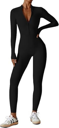ECUPPER Womens One Piece Workout Jumpsuits Zip Up Bodysuit Long Sleeve Yoga Rompers Full Length Sports Gym Shapewear Black S