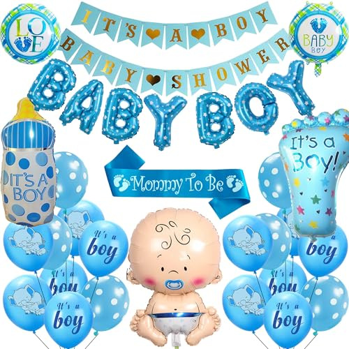 Baby Shower Decorations Baby Boy - 32 Pcs Blue Decorations Set | Its A Boy Baby Shower Banner Balloons Banner Printed Foil Balloons Latex Balloon Mummy To Be Sash for Gender Reveal Party