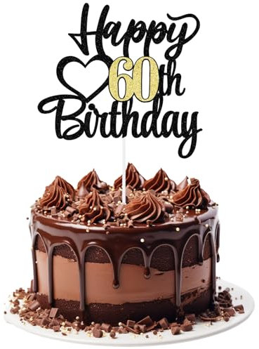 KOBOKO Tortendeko 60 Geburtstag, Happy Birthday Tortendeko, 60 Geburtstag Deko, Cake Topper 60 Geburtstag Deko, Tortendeko Geburtstag mit Schwarz-Goldener Ziehfahne