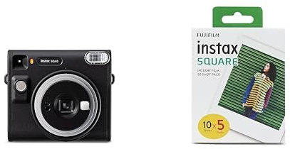 Bundle of INSTAX SQ40 instant camera, Black textured finish + instax SQUARE instant Film 50 shot pack, white Border, suitable for all instax SQUARE cameras and printers