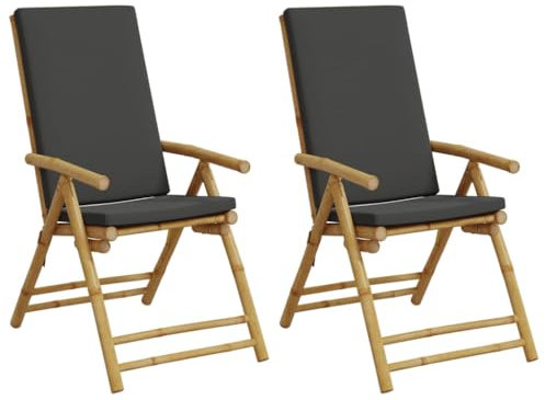 vidaXL Lot de 2 Chaises Inclinables de Jardin Pliantes avec Coussins, Sièges avec Accoudoirs, Fauteuils avec Dossier de Patio, Bambou