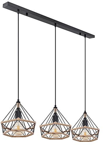 GLOBO LED Hängelampe Pendelleuchte Deckenlampe Wohnzimmerleuchte Esszimmerlampe, Metall schwarz Hanfseil braun Gitterschirme, 3x 7W 806Lm warmweiß, L 100 cm