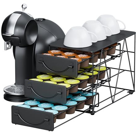 Rangement Café pour Dolce Gusto, Support Capsules 3 Niveaux avec Tiroir Coulissant, Porte Dosettes Métal Grande Capacité 45 Capsules, Anti-Vibration pour Cuisine et Bureau