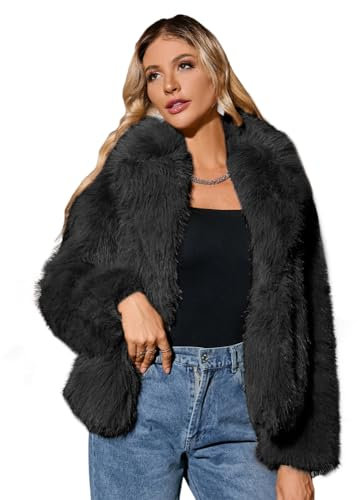 Kate Kasin Damen Kunstpelzmantel Langarm Revers Kurzmantel Jacke Kurzer Faux Pelz Winterjacke Kunstfell Oberbekleidung Schwarz S