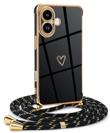 Mkej Coque Compatible avec iPhone 16 avec Cordon de Collier, Coque avec Cordon Motif Coeur d'amour TPU Housse, Collier RéglableTéléphone Portable Lanyard Case pour iPhone 16, Or Noir