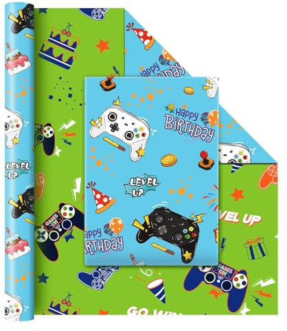 WERNNSAI Gamer Geschenkpapier – 1 Rolle 43 cm x 10 m Videospiel Wende Geschenkpapier Geburtstagspapier für Jungen Blau Grün Lustiges Party Geschenkpapier für Kinder Spiel Doppelseitig Packpapier