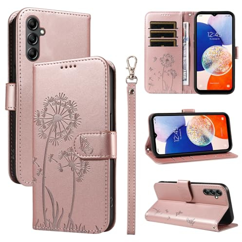 Bravoday Cover per Samsung Galaxy A14 4G / 5G, Custodia in PU Pelle Portafoglio Flip Schede con Slot per Carte, Magnetica Antiurto Cover per Galaxy A14 4G / 5G, Oro Rosa