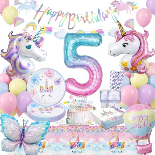 yosiio Unicorn Party Decorations, 5th Unicorn Birthday Decoration Set, Children's Party Tableware With Balloons for Girls 5 Years Birthday Supplies 16 Guests