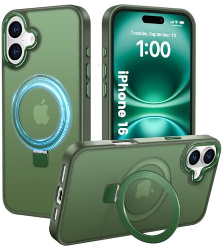 PuyaTeya Handyhülle für iPhone 16 Hülle, [mit Unsichtbarem Ständer ][mit Magnete] Kratzfeste Anti-Fingerabdruck [Transluzente Matte] Hülle für iPhone 16 (Dunkel Grün)
