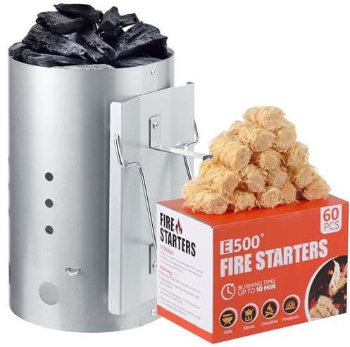 E500 Larger Charcoal Chimney Starter with 60Pcs Charcoal Starter, Coal Chimney Starter for Grill, BBQ Fire Starter Kit