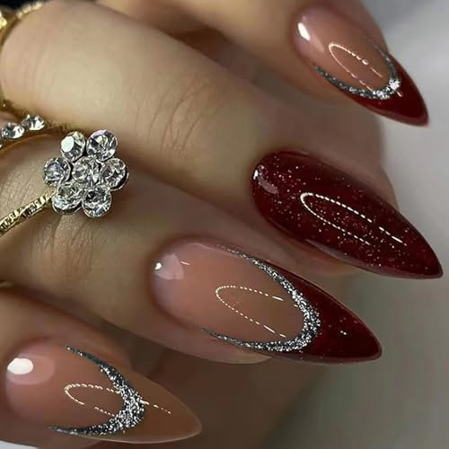 24PCS French Red Glitter Almond Medium Long False Nails with Designs, Glossy Removable Glue, Set with Stickers. Shiny Full Cover Press-on Nails for Women