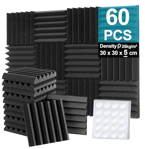 Foneso Akustikpaneele, 30x30x5 cm(Dichte:25kg/m³) Schalldämmung, Akustikschaumstoff,3D Hochdichte Schallabsorber Wand, Schalldämmstoffe für Aufnahmeräume, Aufnahmeräume und Büros (Schwarz, 60 Stück)