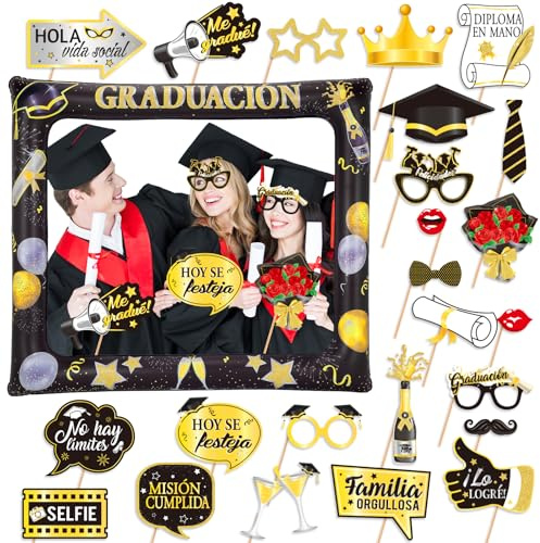 DPKOW Decoración Graduación 2026, 25pcs Accesorios Photocall Graduación Español, 1pcs Marco de Fotos Inflable y 24pcs Graduacion Photo Booth Props, DIY Accesorios Photocall Selfie Graduacion 2026