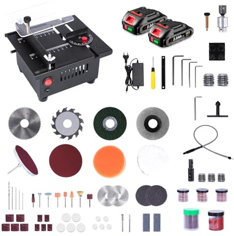 ONEVAN Sega circolare a batteria, mini sega da tavolo con 2 batterie da 2000 mAh, lama da 0,1 – 16 mm, regolabile in altezza, seghe circolari da tavolo, con tutti gli accessori per la lavorazione del